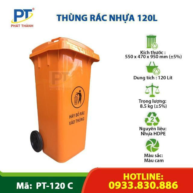 Thùng rác nhựa 120L HDPE, có nắp đậy kín đáo và 2 bánh xe cao su giúp di chuyển dễ dàng ngay cả khi thùng chứa đầy rác 